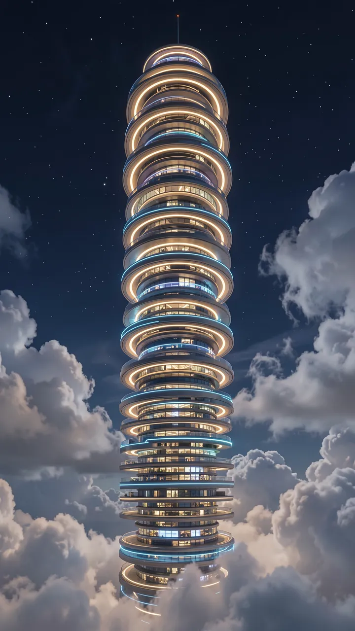 A tall futuristic stacked glowing ring skyscraper rises above thick clouds under a starry night sky