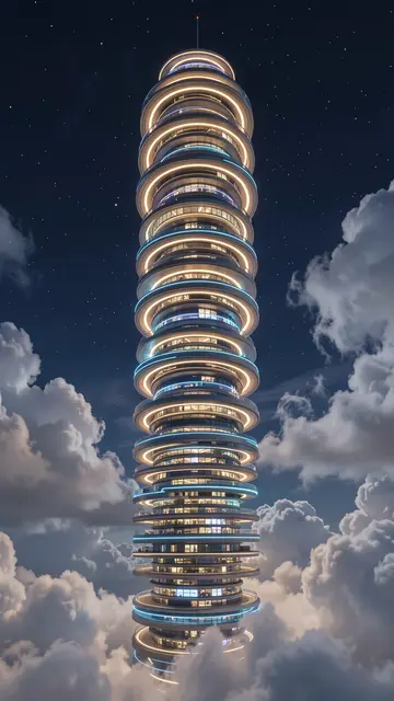 A tall futuristic stacked glowing ring skyscraper rises above thick clouds under a starry night sky