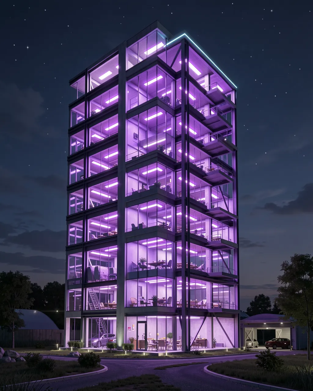 Tall glass futuristic multi-story building glows with violet interior lights under a starry night sky