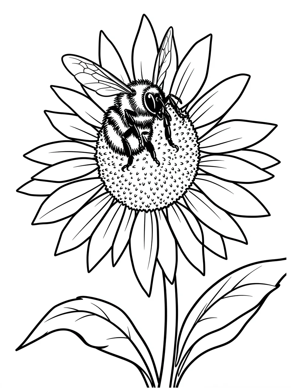 Black and white bold line art of a fuzzy bee resting on the center of a sunflower