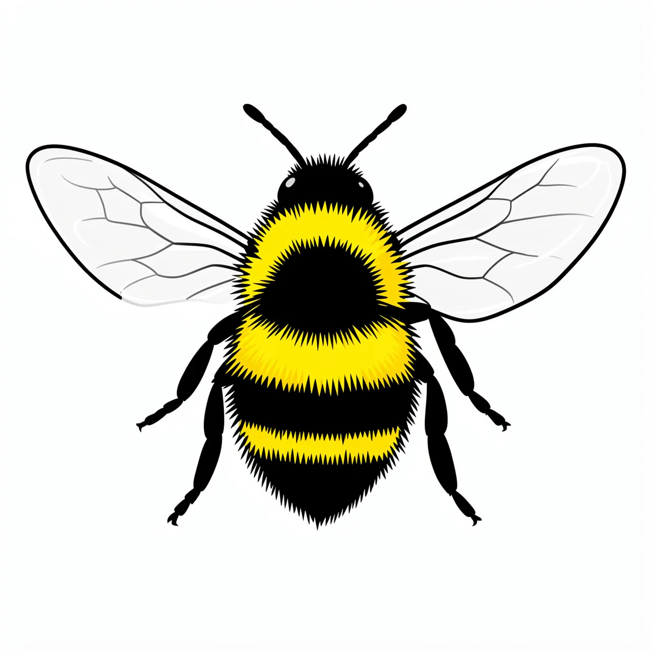 Flat clipart illustration of a fuzzy yellow and black bumblebee with clear wings on a white background