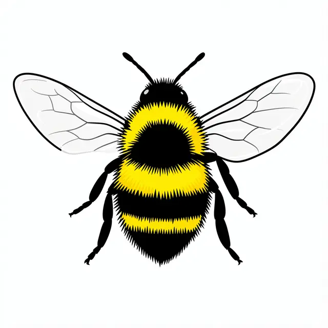 Flat clipart illustration of a fuzzy yellow and black bumblebee with clear wings on a white background