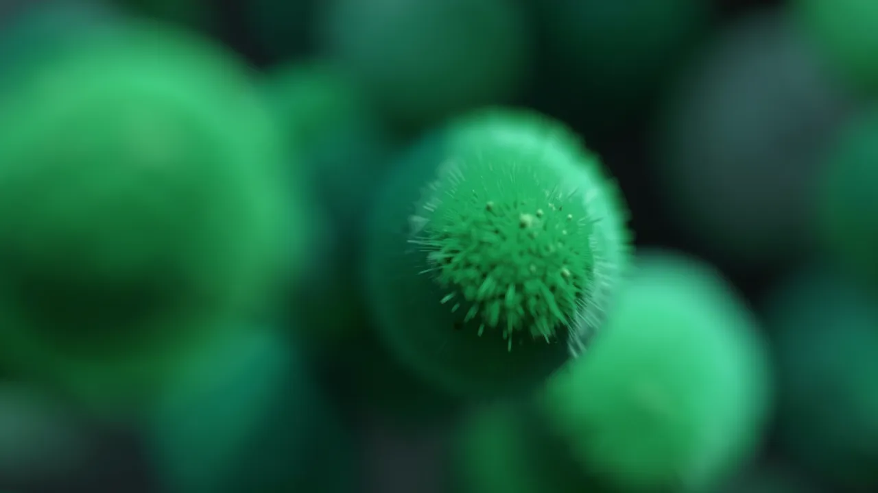 A sharp spiky green orb sits among blurred soft green and teal abstract spherical shapes