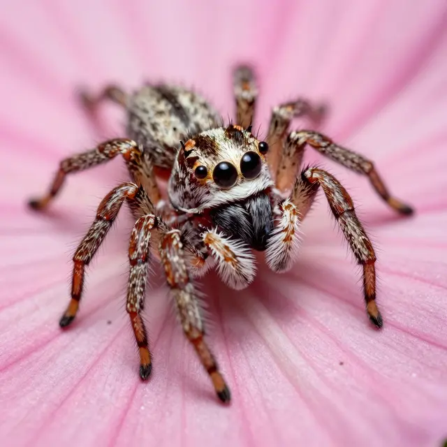 Close-up macro view of a fuzzy jumping spider resting on a soft pink flower petal