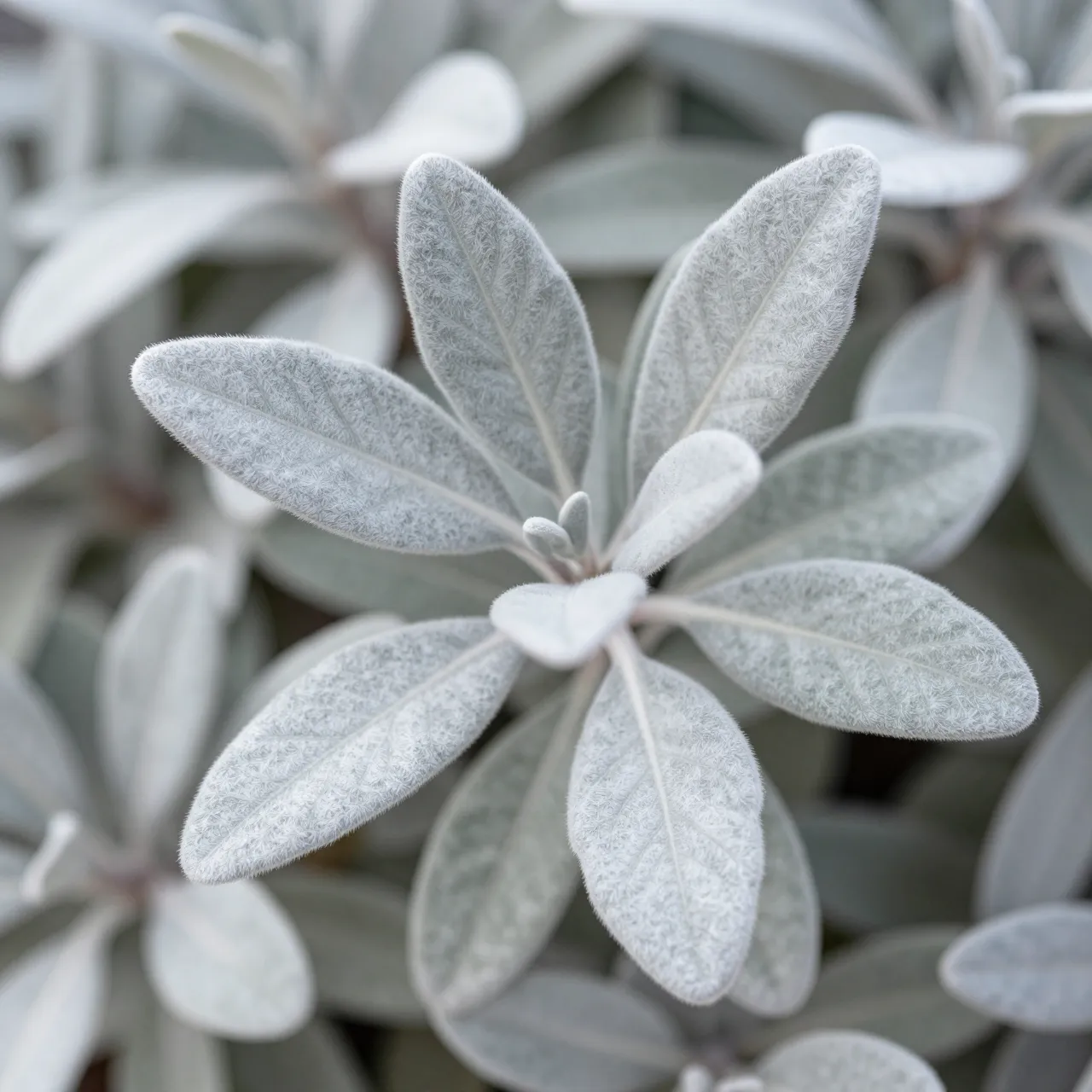 Close-up of soft fuzzy silver-gray leaves arranged in a tight rosette, with blurred background foliage