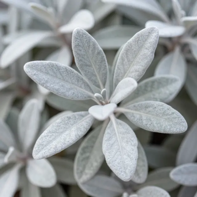 Close-up of soft fuzzy silver-gray leaves arranged in a tight rosette, with blurred background foliage