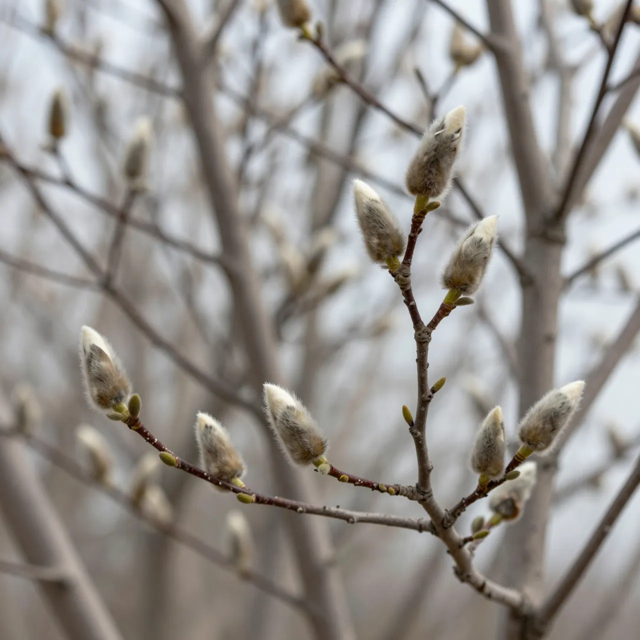 Close-up of fuzzy gray magnolia buds on bare branches against an overcast late winter background