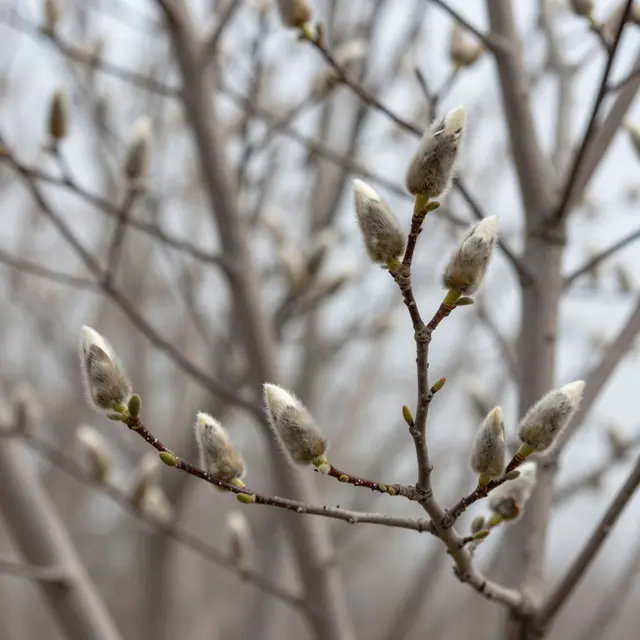 Close-up of fuzzy gray magnolia buds on bare branches against an overcast late winter background