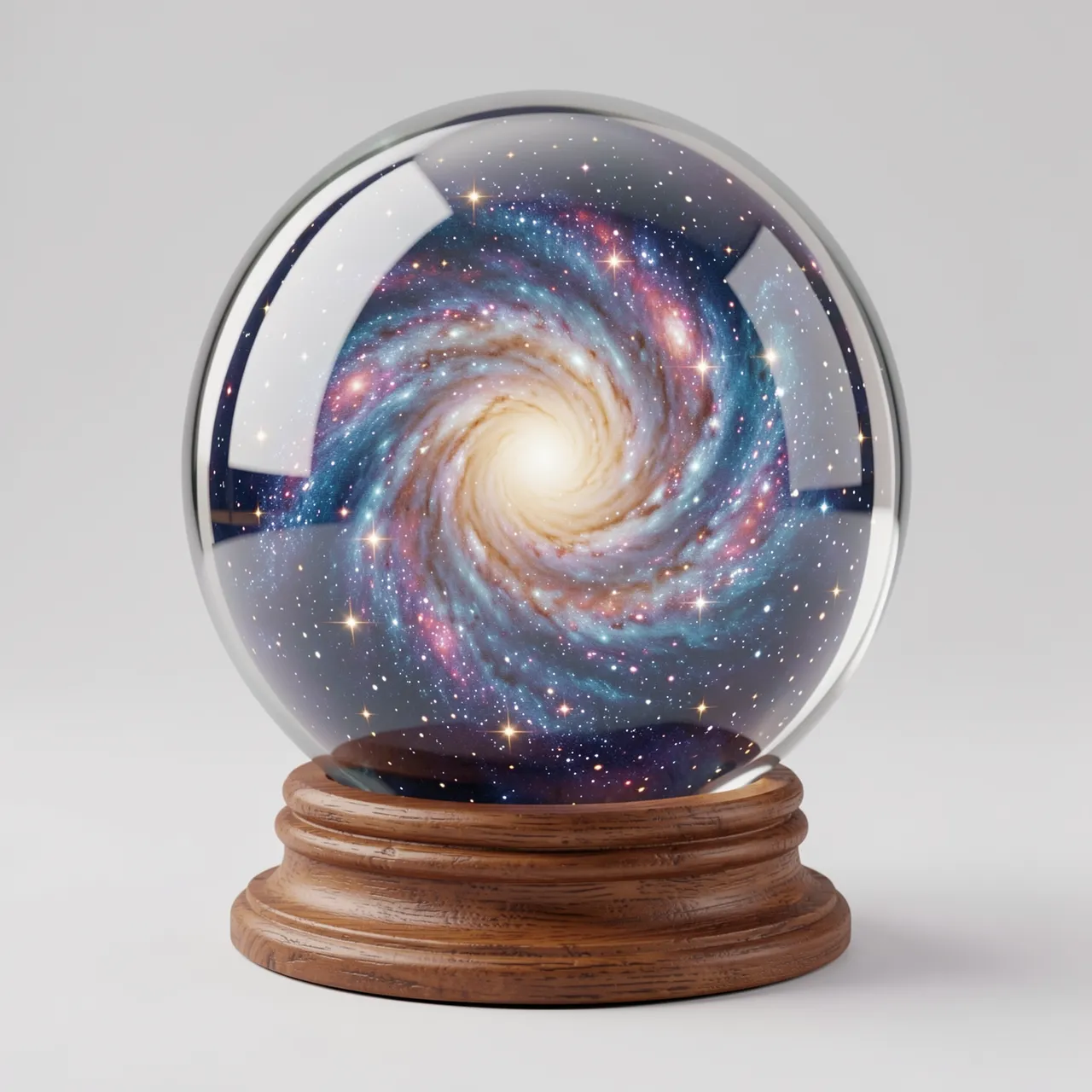 A glass sphere on a wooden stand contains a swirling spiral galaxy set against a plain light gray background