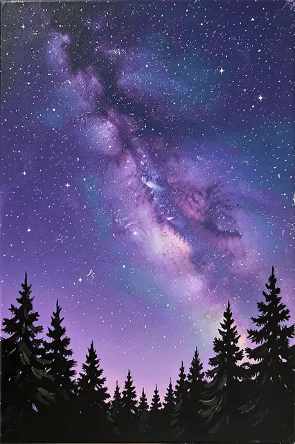 Acrylic painting of a purple and blue starry galaxy sky above dark pine tree silhouettes