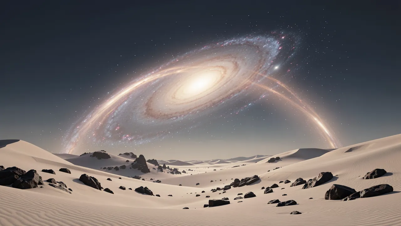 A glowing spiral galaxy arches above pale sand dunes dotted with dark desert rocks under a dark starry sky