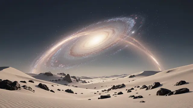 A glowing spiral galaxy arches above pale sand dunes dotted with dark desert rocks under a dark starry sky