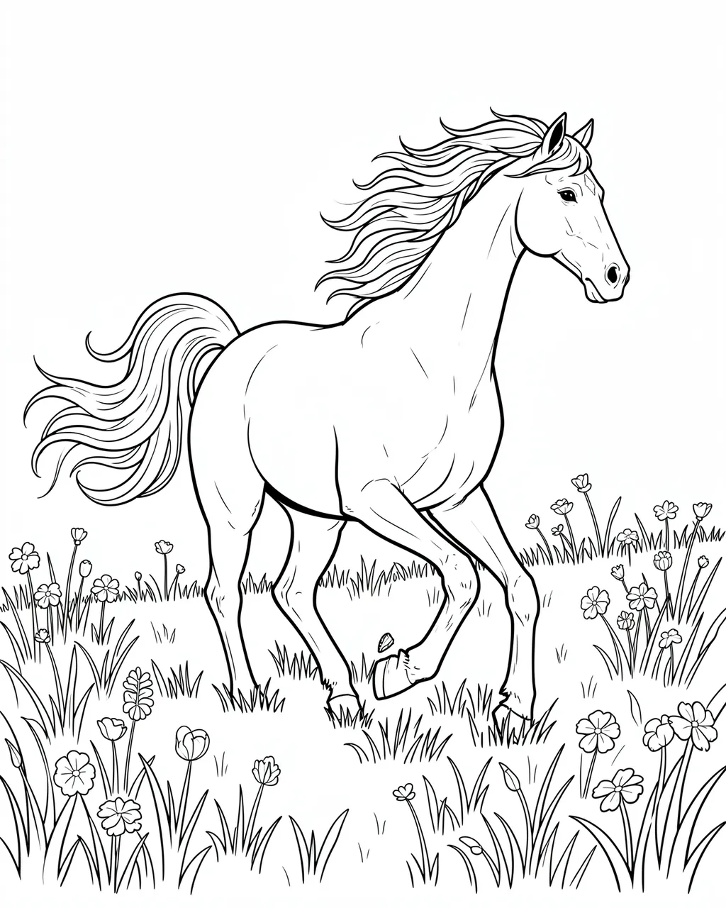 Black and white line art of a horse with a flowing mane moving through a flower-filled meadow