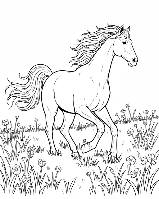 Black and white line art of a horse with a flowing mane moving through a flower-filled meadow