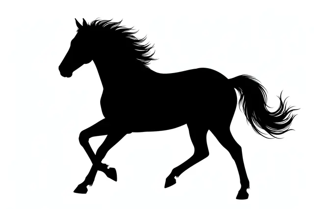 Solid black silhouette of a galloping horse with flowing mane and tail on a plain white background