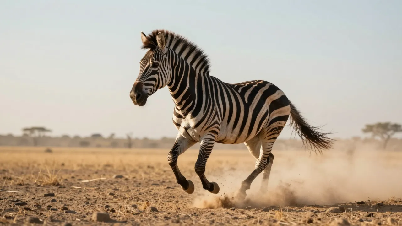 A zebra gallops across a dry savanna kicking up golden dust in warm low evening light