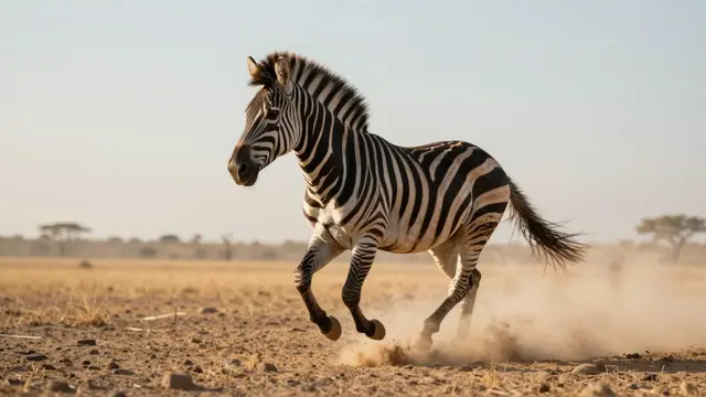 A zebra gallops across a dry savanna kicking up golden dust in warm low evening light