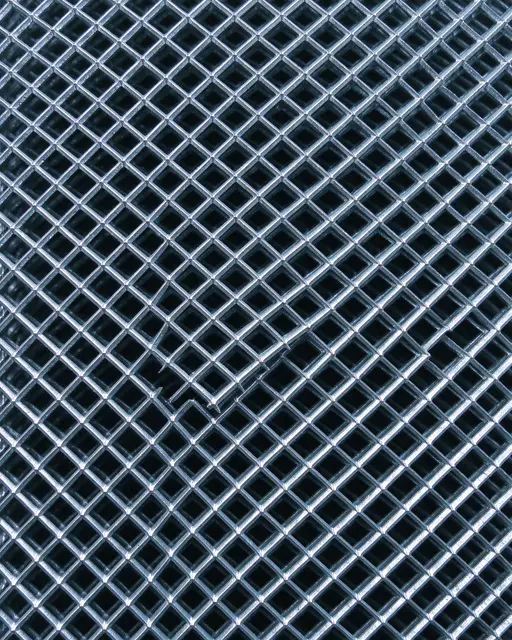 Full frame close-up of galvanized expanded metal mesh with uniform diamond openings against a dark background