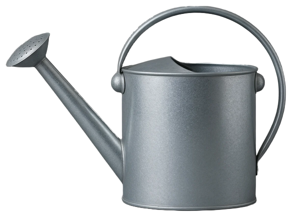 A galvanized metal watering can with a long spout and curved top handle