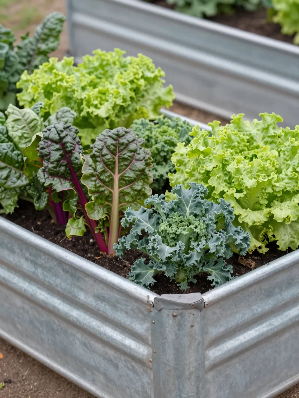 Leafy vegetable plants including rainbow chard, kale and lettuce grow in a galvanized metal raised garden bed under soft