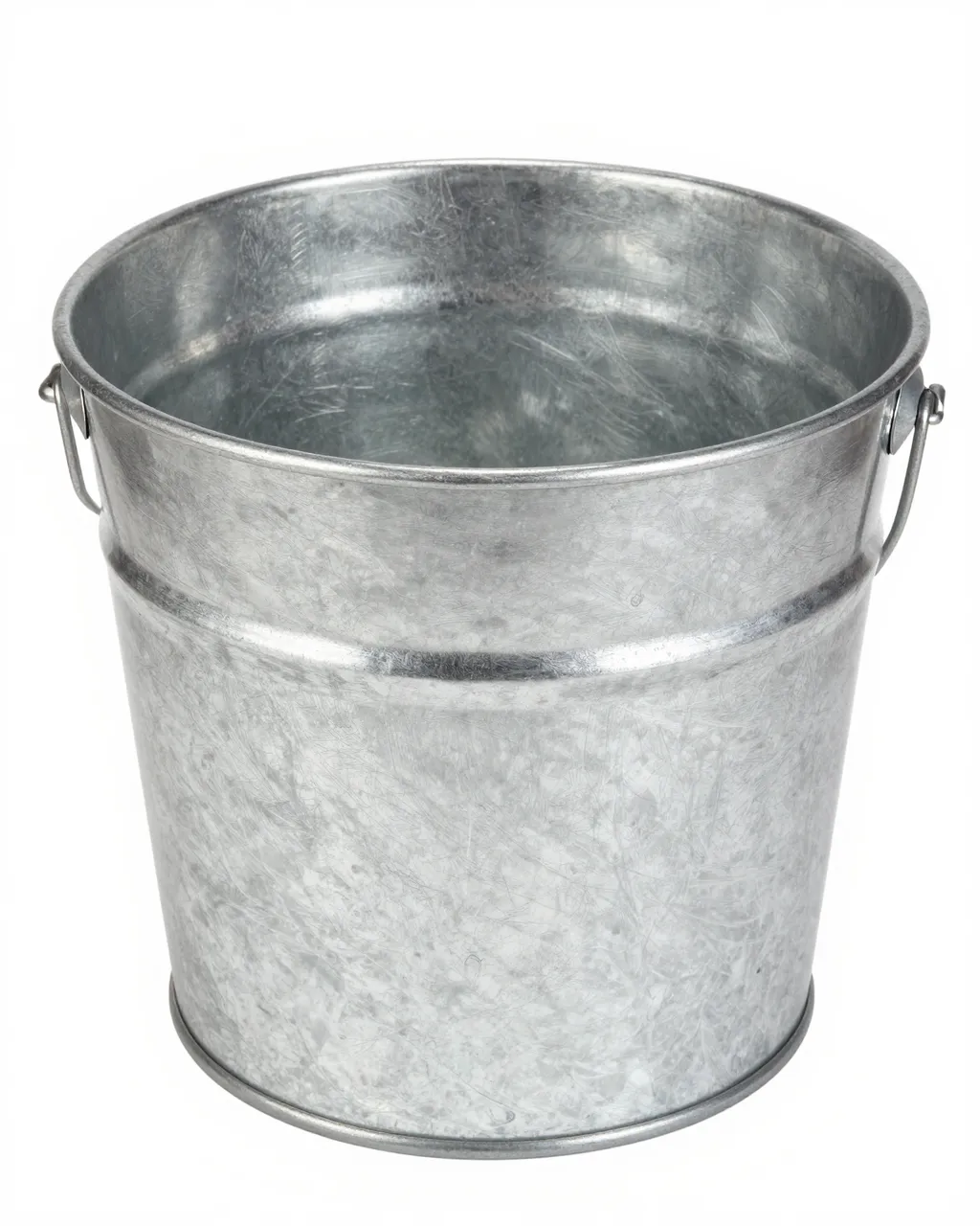 Empty galvanized steel bucket with wire handles isolated on a pure white studio background