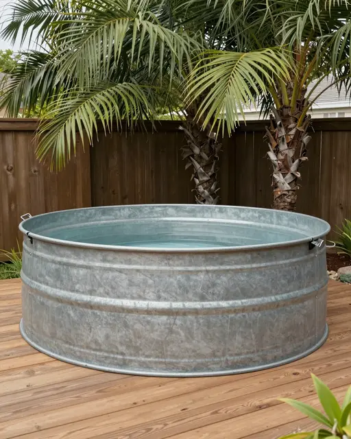 Round galvanized stock tank pool sits on a wooden deck shaded by palm trees behind a wood fence.