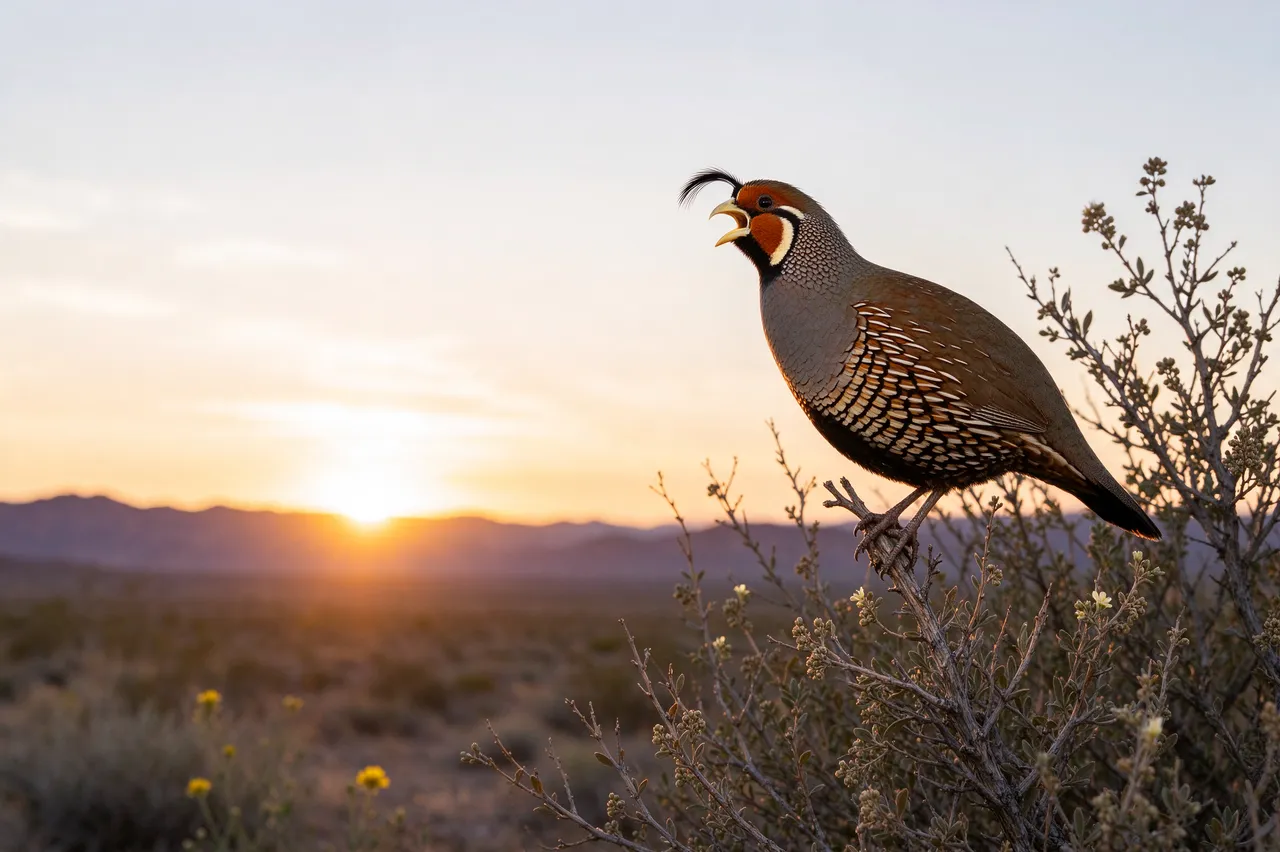 A calling Gambel's quail perched on a desert shrub against a glowing sunrise sky and distant mountains.