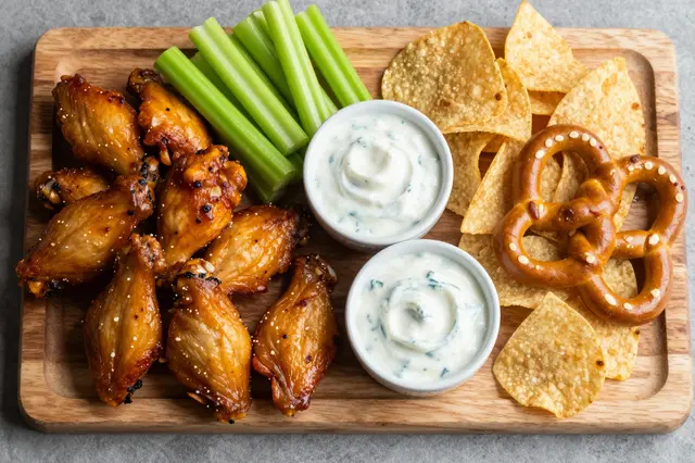 Overhead view of a wooden serving board arranged with wings, celery, dips, tortilla chips and a soft pretzel.
