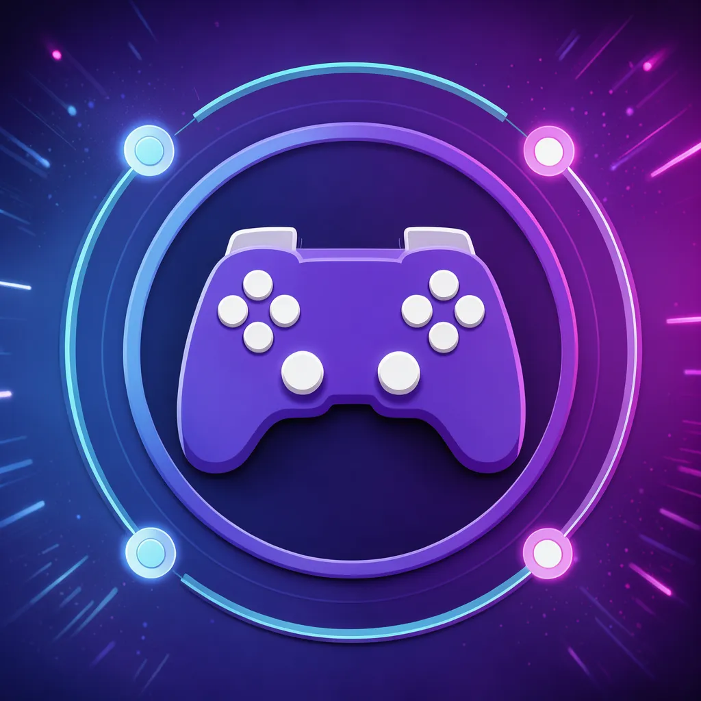 Stylized purple game controller framed by glowing neon rings against a gradient purple and blue background