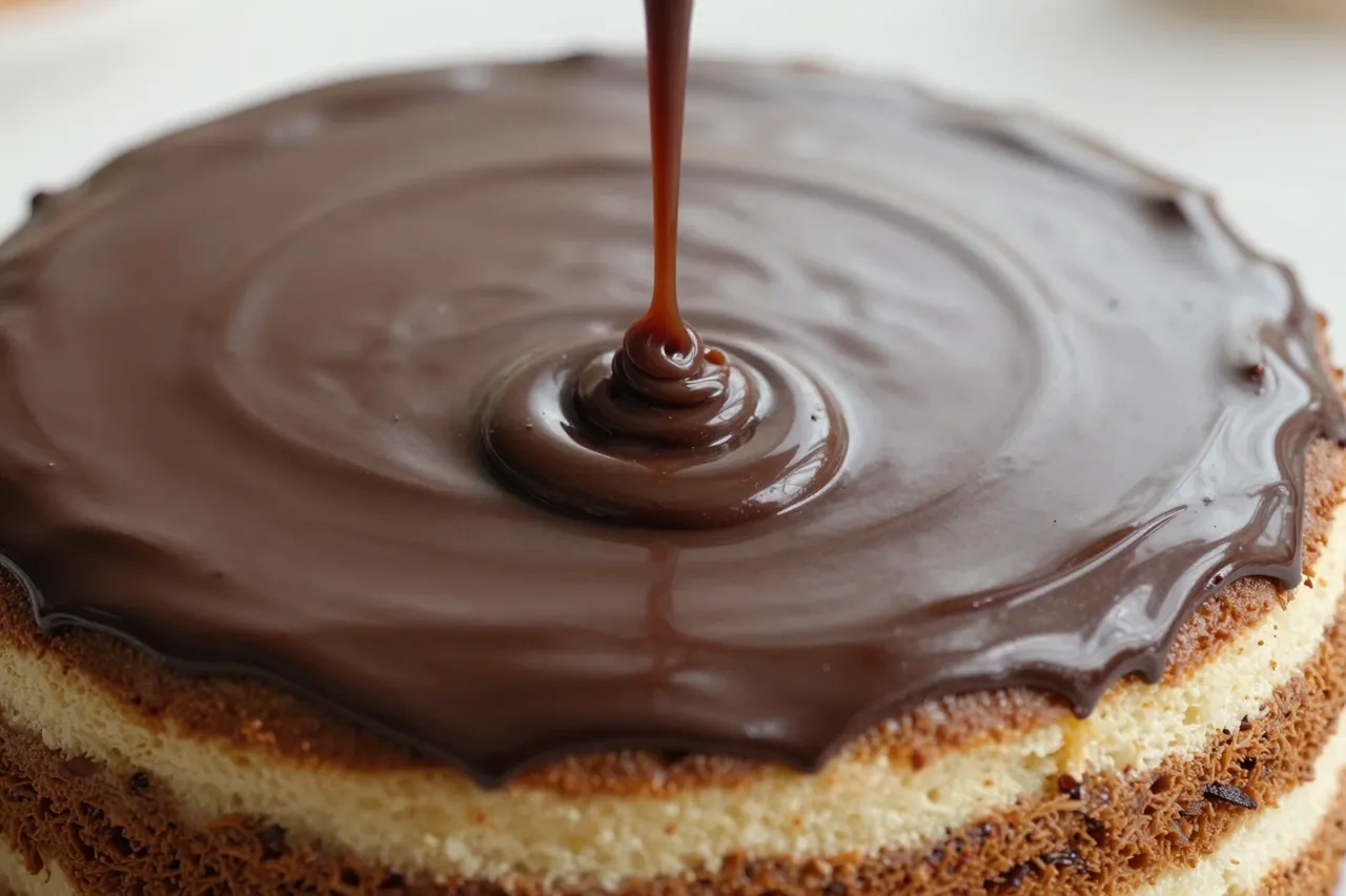 Glossy chocolate ganache is being poured over the top of a layered round cake.