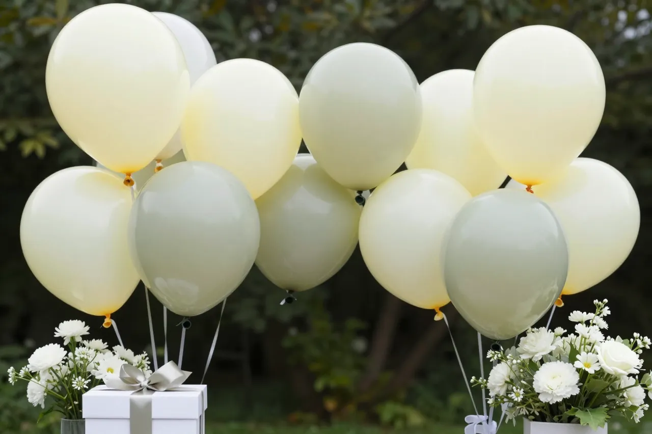 Pale yellow and sage balloons flank a gift box and white flower arrangements in an outdoor garden