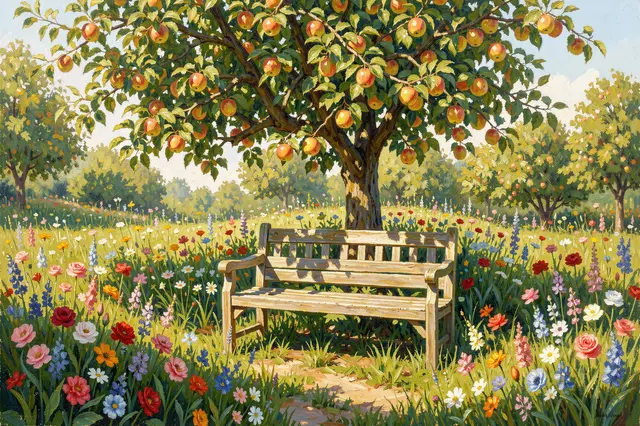 Impressionist oil painting of a sunlit flower garden with a wooden bench under a fruiting apple tree