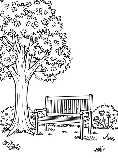 Bold black line art of a wooden park bench positioned beneath a flowering tree with grassy garden details on a white