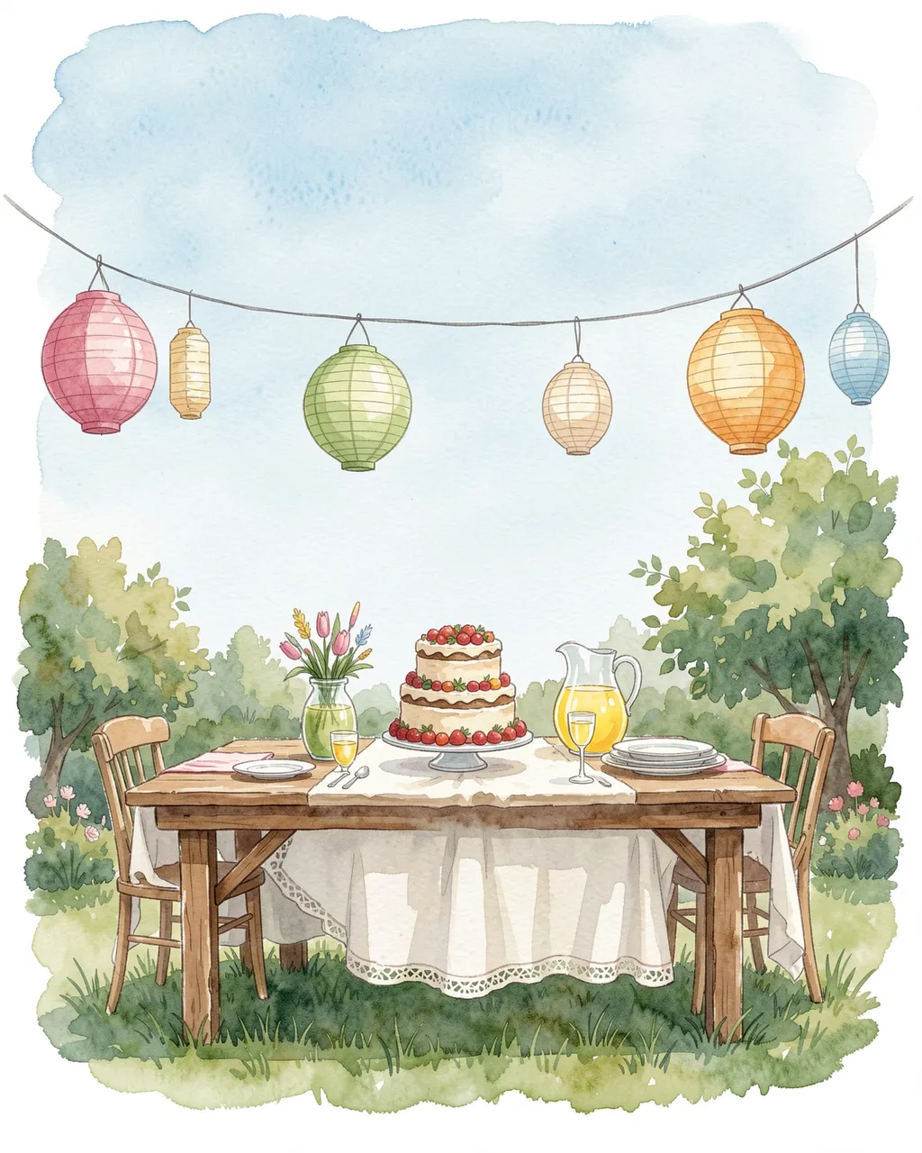 Watercolor illustration of an outdoor birthday table with cake, lemonade and hanging paper lanterns under a soft sky.