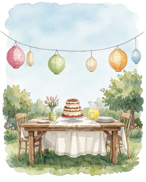 Watercolor illustration of an outdoor birthday table with cake, lemonade and hanging paper lanterns under a soft sky.