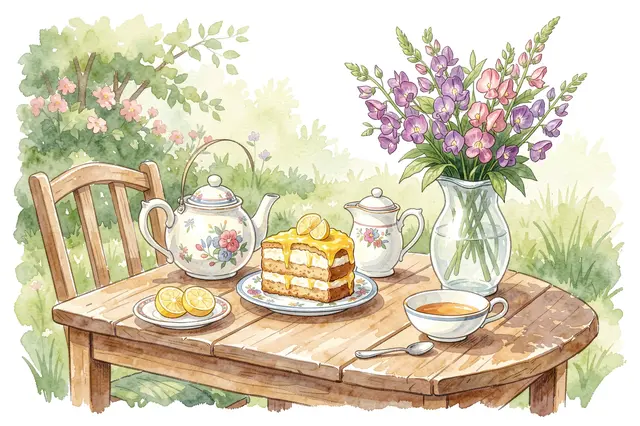 Watercolor illustration of a wooden garden tea table set with lemon cake, teapot, and sweet peas in a vase