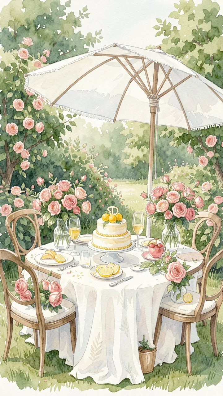 Watercolor illustration of a garden brunch table with lemon cake, rose bouquets, and a fringed white parasol