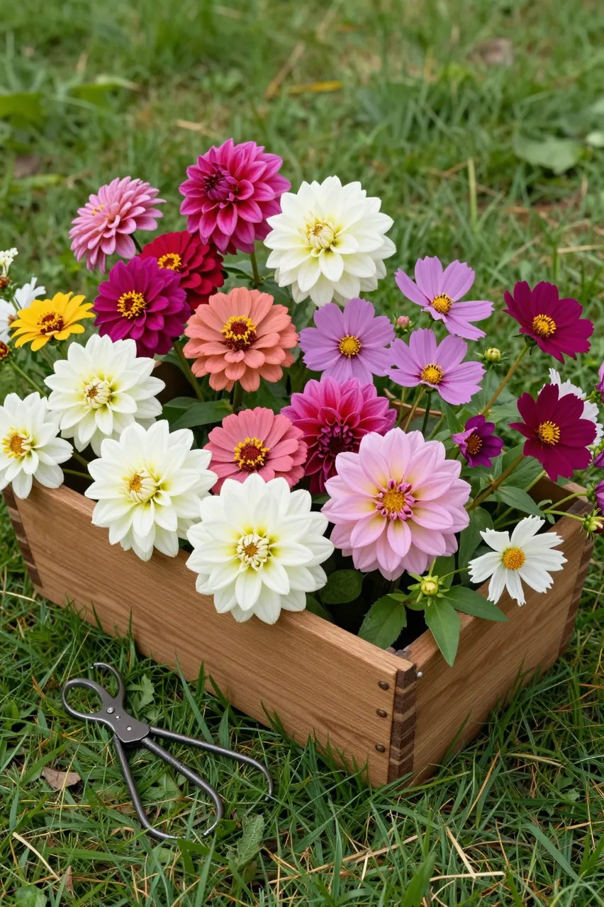 A wooden trrug full of cut dahlias, zinnias and cosmos sits on grass next to garden snips