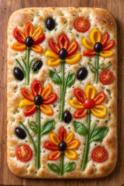 Overhead view of decorative garden focaccia with vegetable flower designs on a wooden cutting board