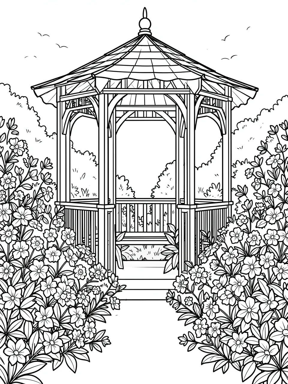 Bold black and white line art of a garden gazebo framed by flowering shrubs on a plain white background