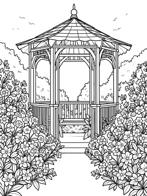 Bold black and white line art of a garden gazebo framed by flowering shrubs on a plain white background