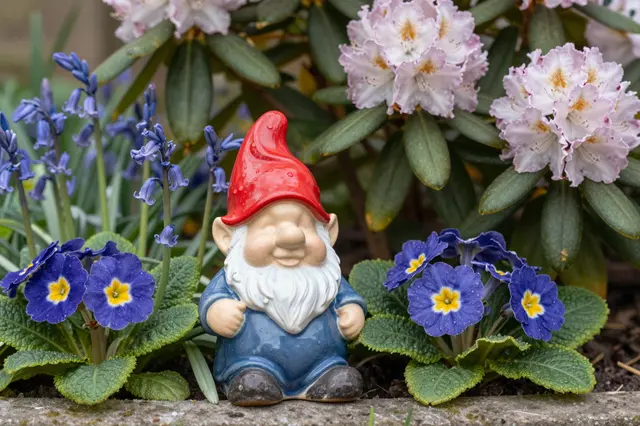 Ceramic garden gnome with a red hat sits among blue primroses, bluebells, and flowering rhododendron blooms.