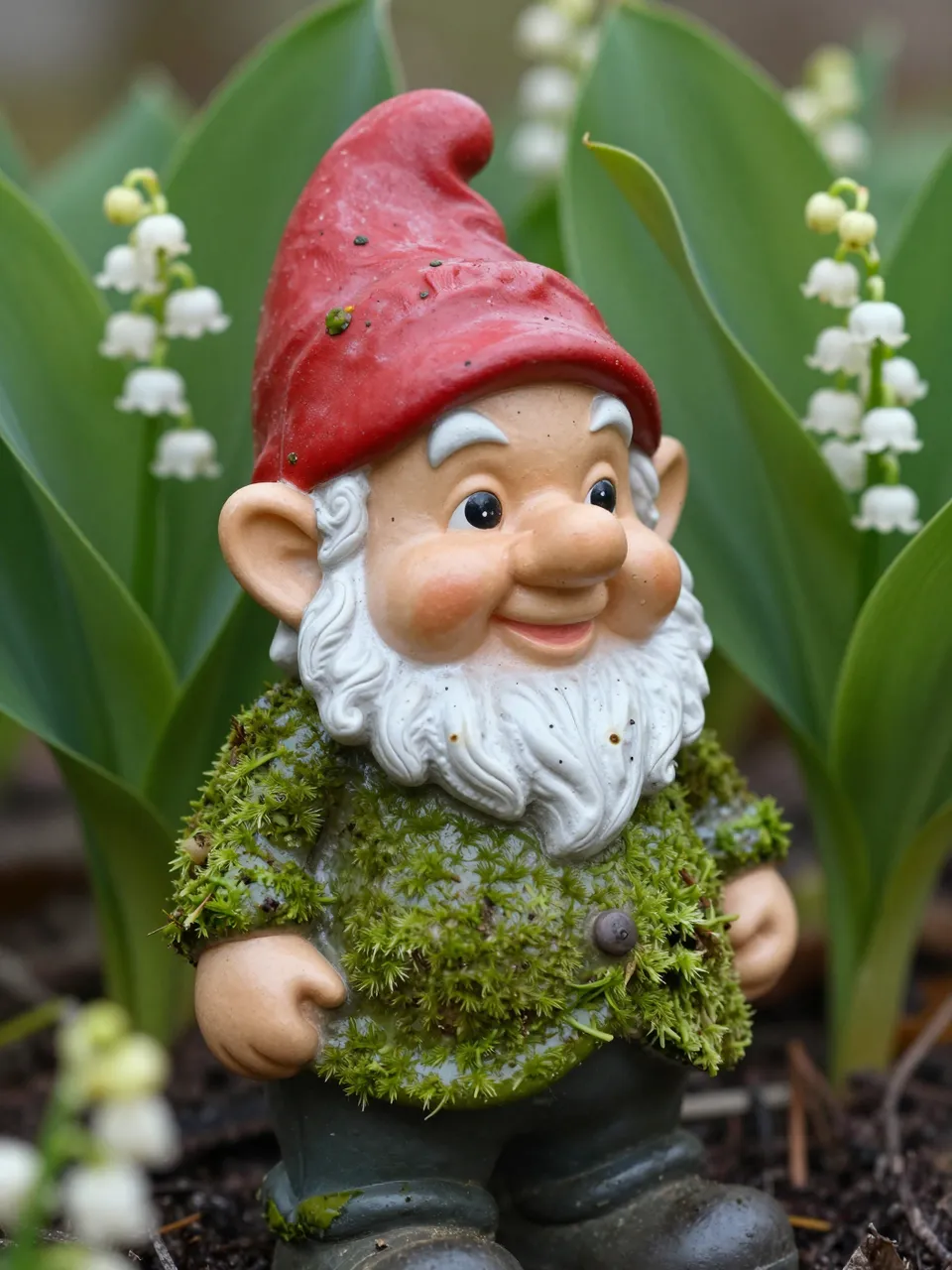 Moss-covered vintage garden gnome with a red hat sits among lily of the valley flowers in soft spring light