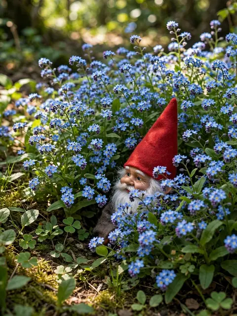 A garden gnome with a plain red pointed hat peeks out from a drift of blue forget-me-not flowers in dappled spring light.