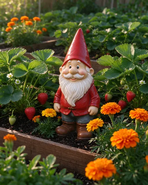Ceramic red hat garden gnome stands among strawberry plants and marigolds in a sunlit raised garden bed.