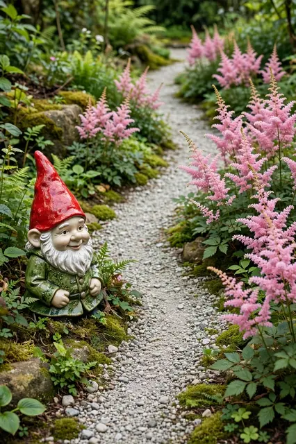 Ceramic garden gnome sits beside a winding gravel path lined with pink astilbe flowers