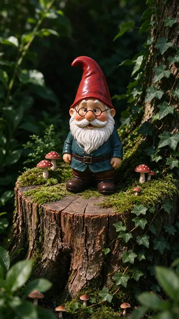 Ceramic garden gnome with a red hat stands on a mossy tree stump surrounded by small toadstools and ivy in a forest setting