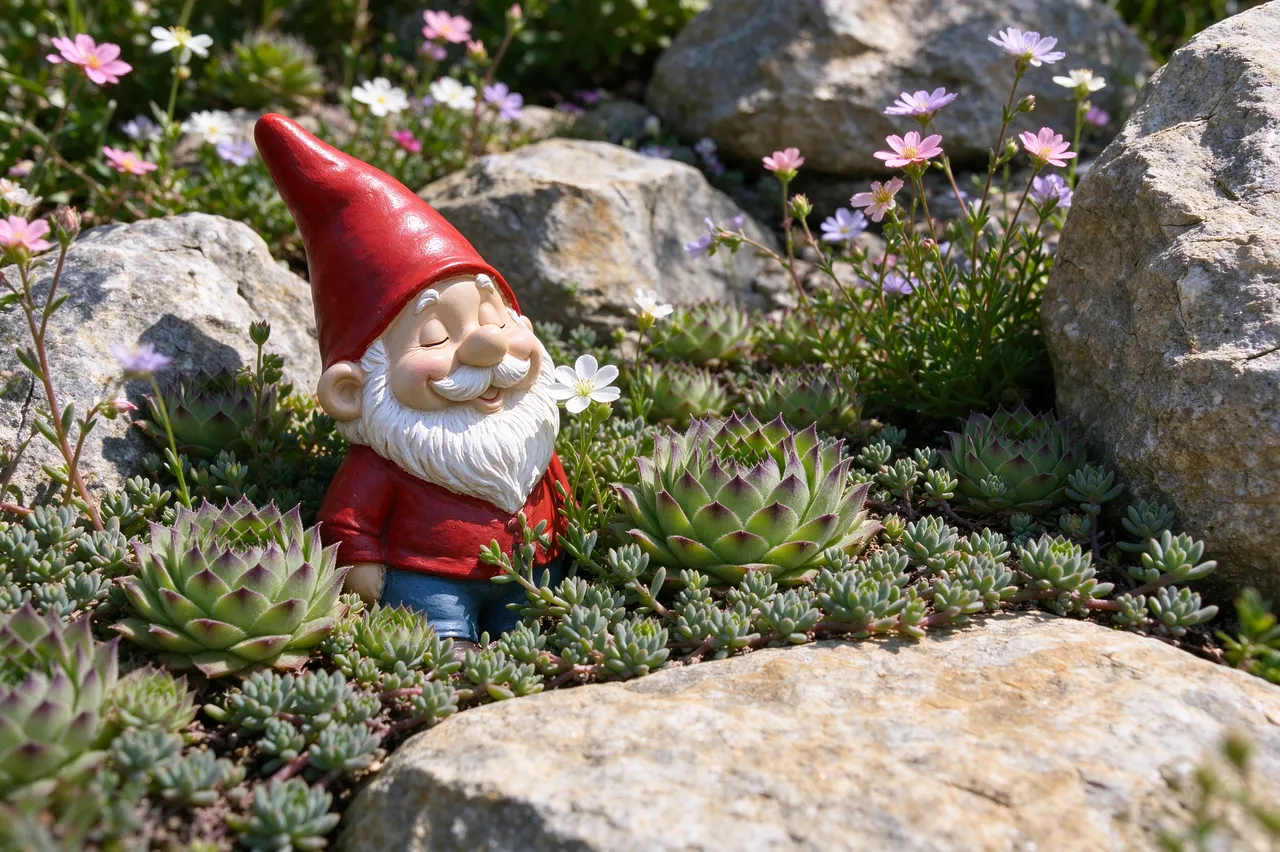 A cheerful ceramic garden gnome with a red hat sits among sempervivums, sedum, tiny alpine flowers and grey rocks in bright
