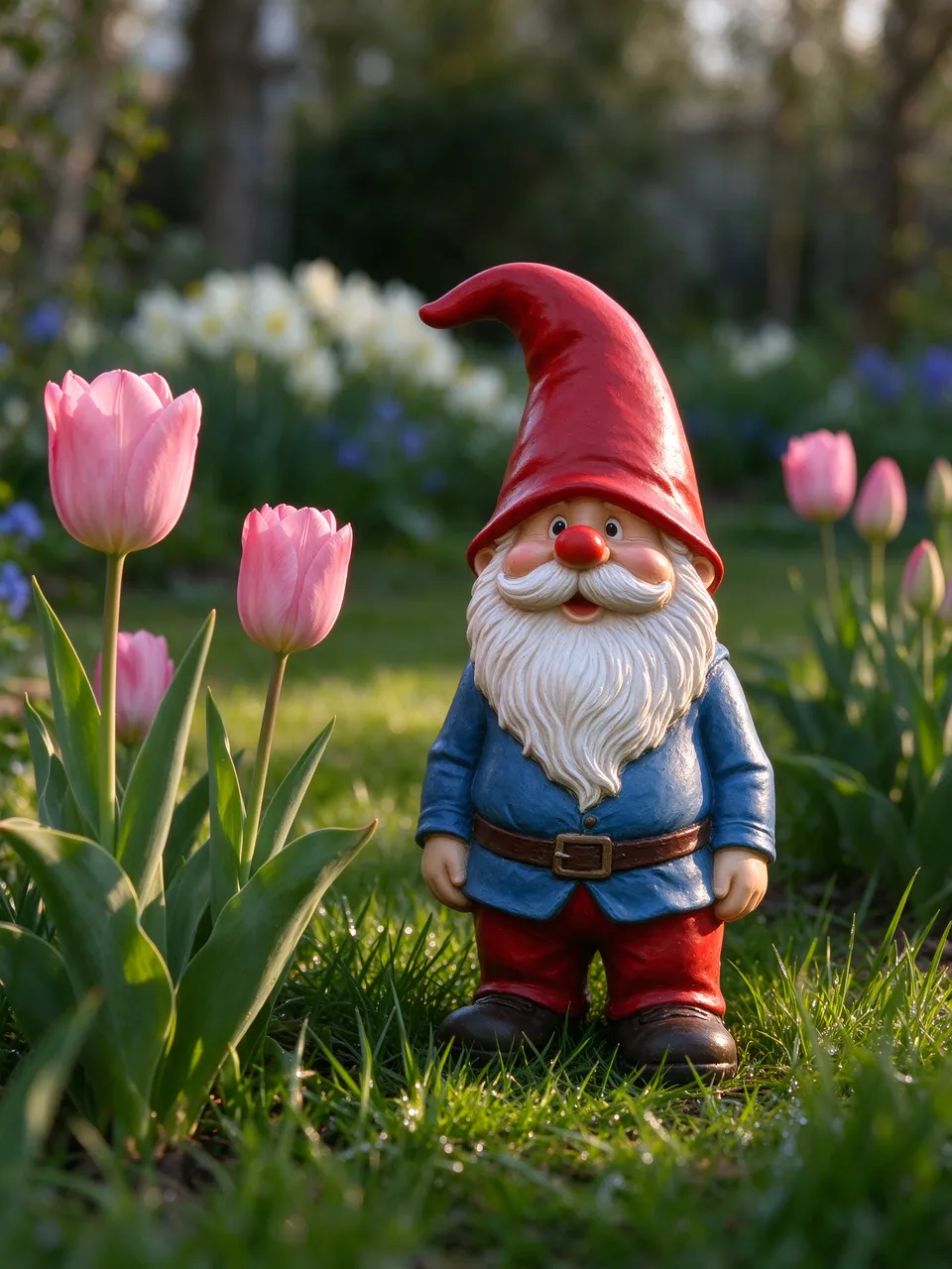 A decorative garden gnome stands beside blooming pink tulips in a sunlit spring garden