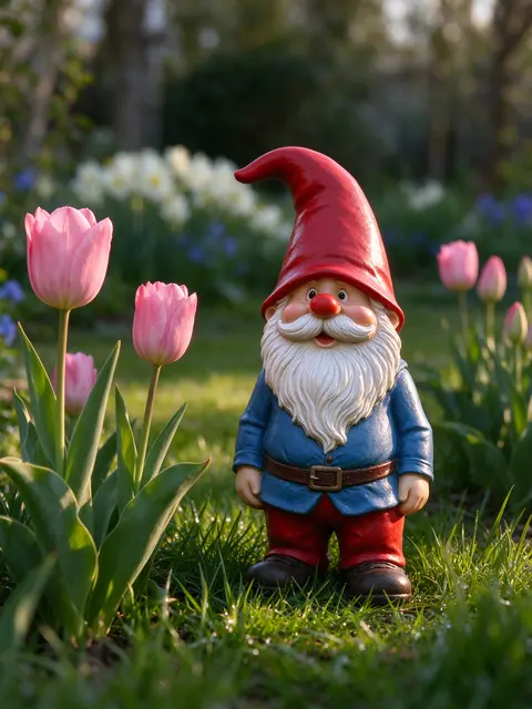 A decorative garden gnome stands beside blooming pink tulips in a sunlit spring garden